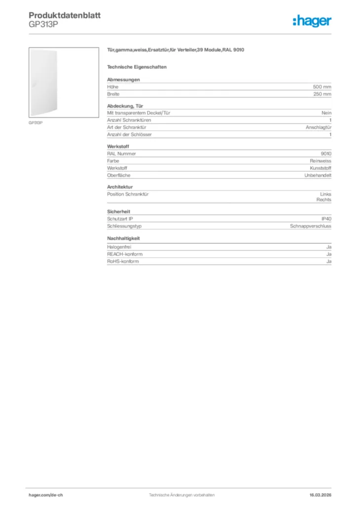 Bild Hager Produktdatenblatt GP313P | Hager Schweiz