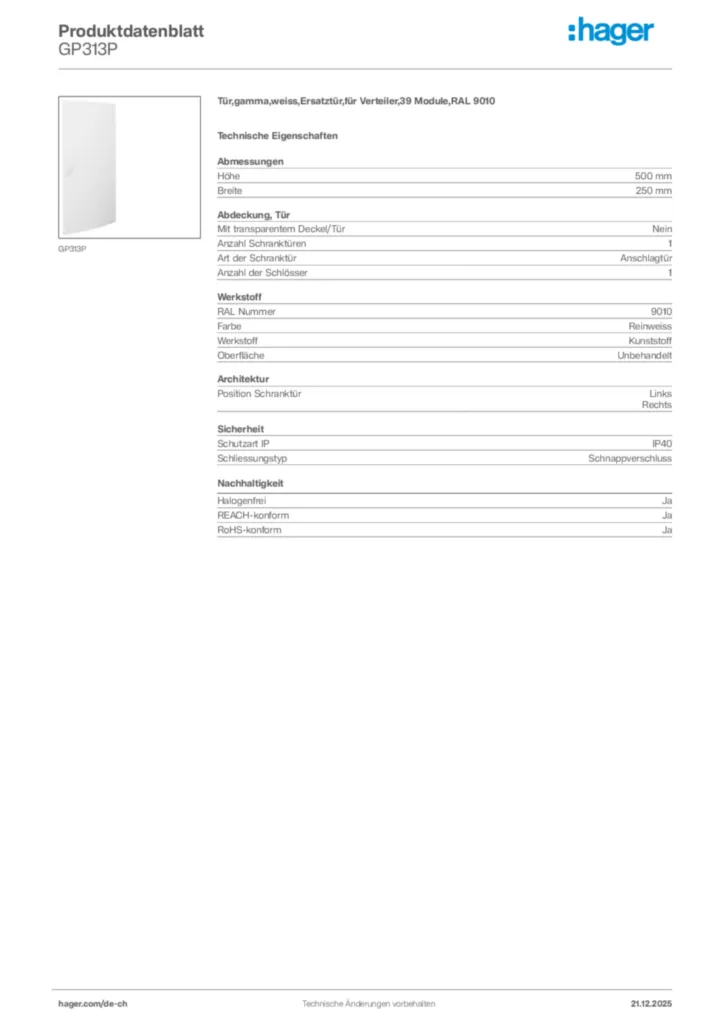 Bild Hager Produktdatenblatt GP313P | Hager Schweiz