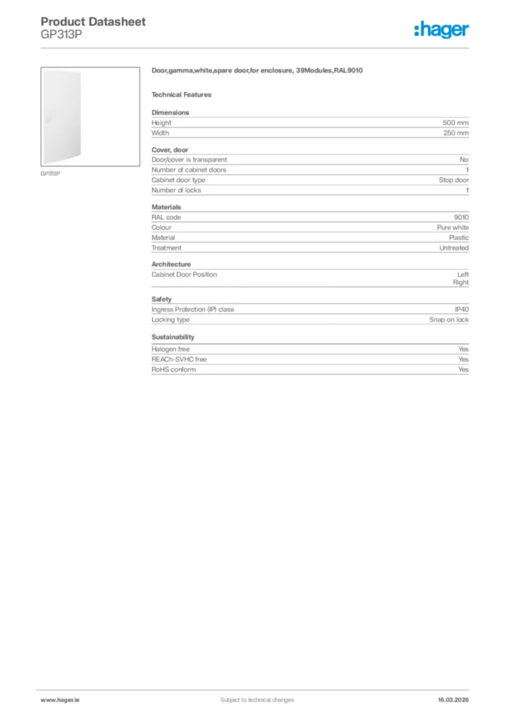 Image Hager Product data sheet GP313P  | Hager