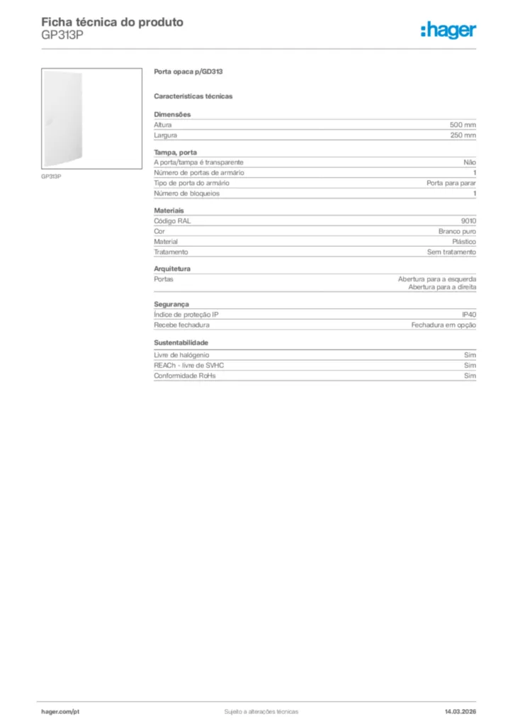 Imagem Hager Ficha técnica do produto GP313P | Hager Portugal