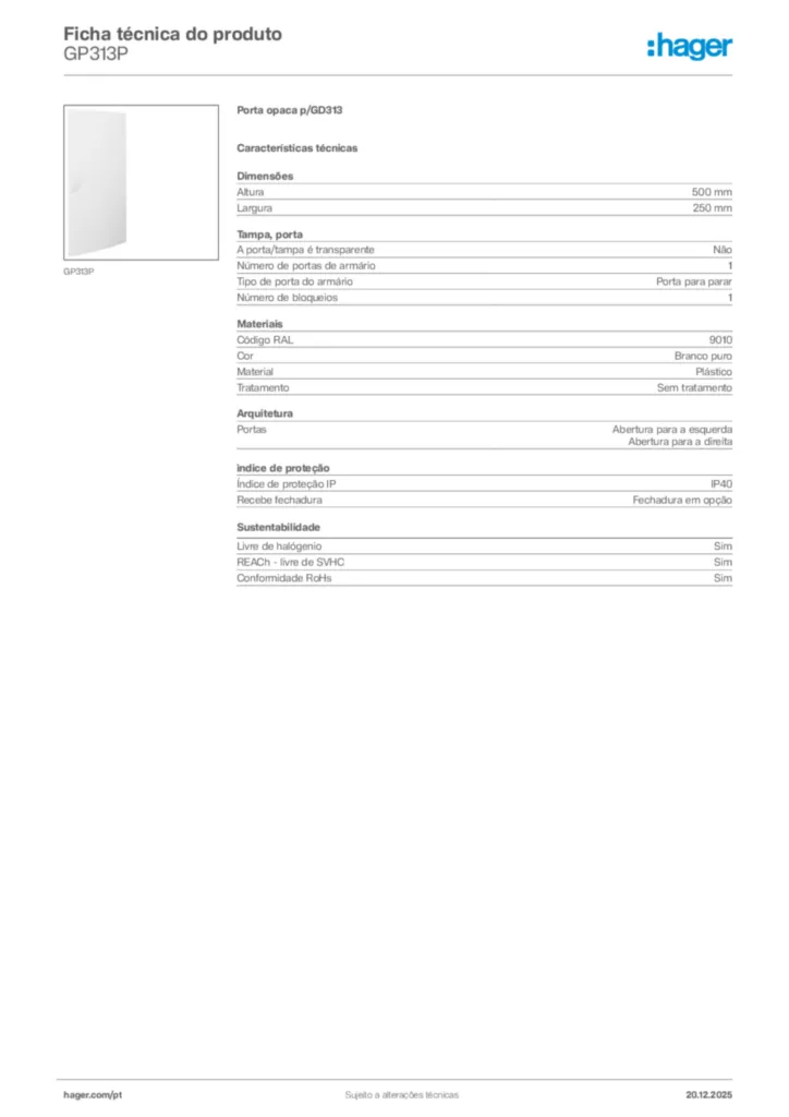 Imagem Hager Ficha técnica do produto GP313P | Hager Portugal