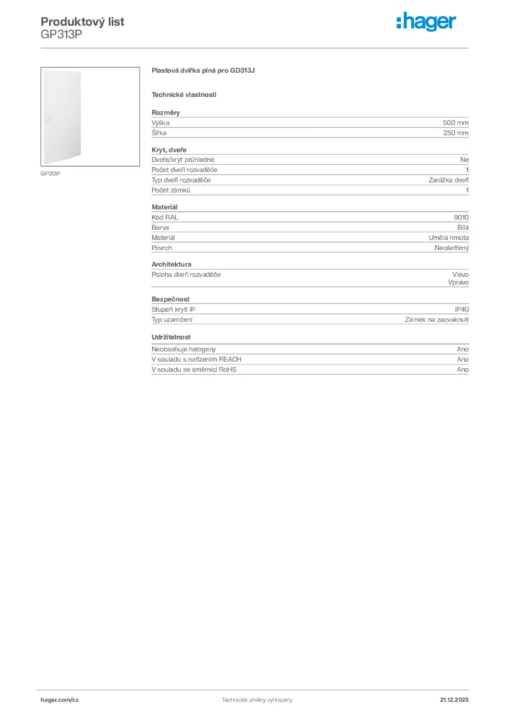 Obrázek Hager Produktový list GP313P | Hager