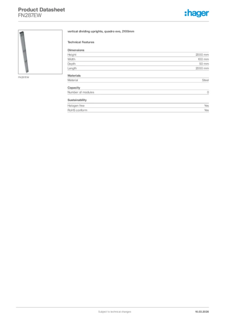 Image Hager Product data sheet FN287EW  | Hager Africa