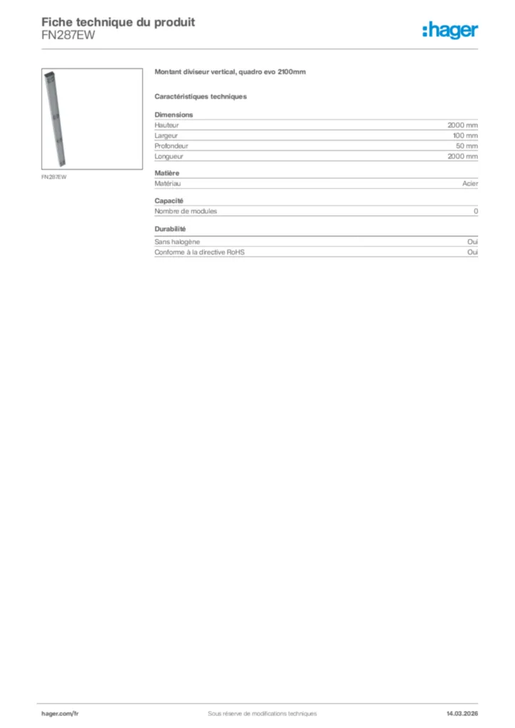 Image Hager Fiche technique du produit FN287EW | Hager France