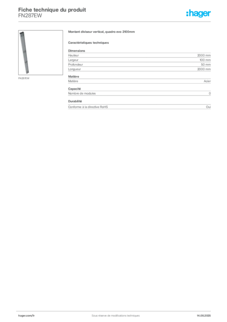 Image Hager Fiche technique du produit FN287EW | Hager France