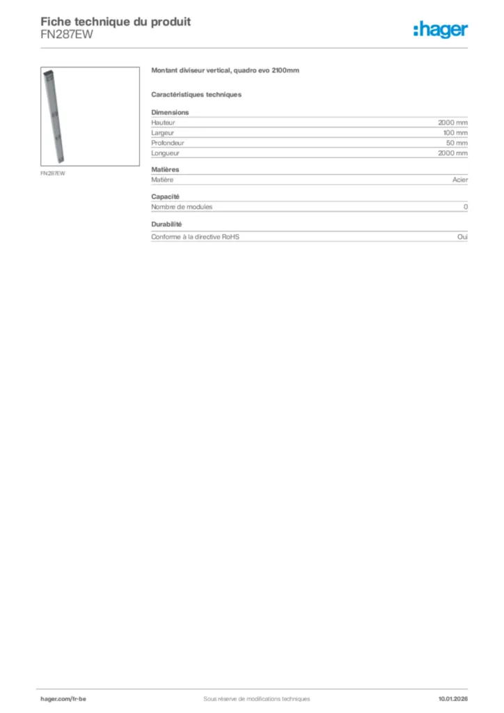 Image Hager Fiche technique du produit FN287EW | Hager Belgique
