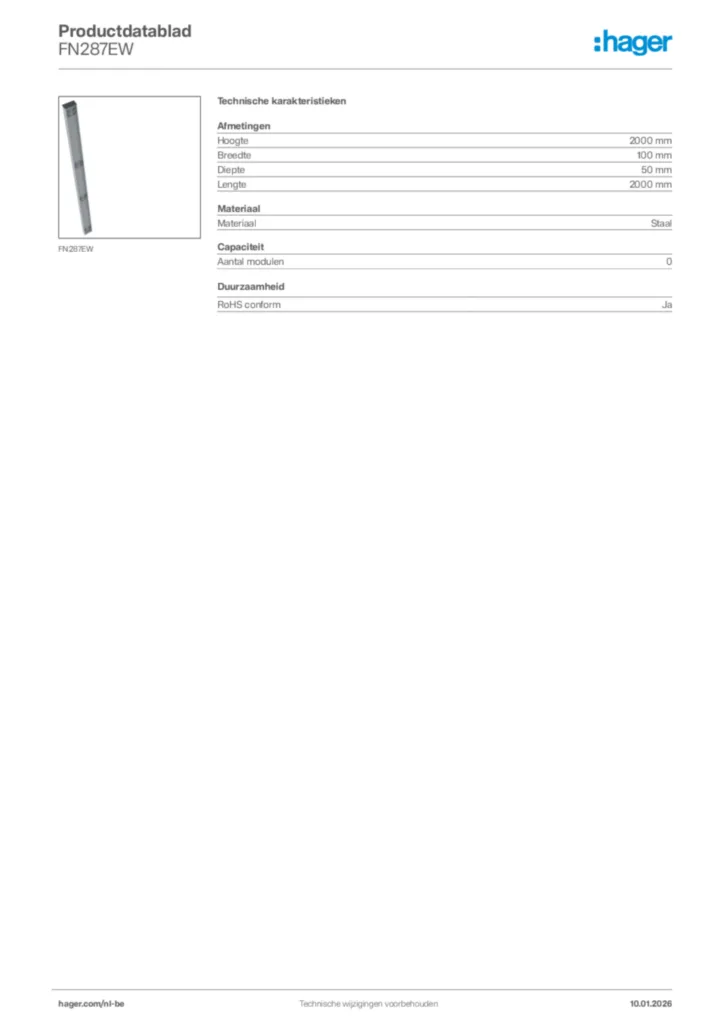 Afbeelding Hager Productdatablad FN287EW | Hager Belgium
