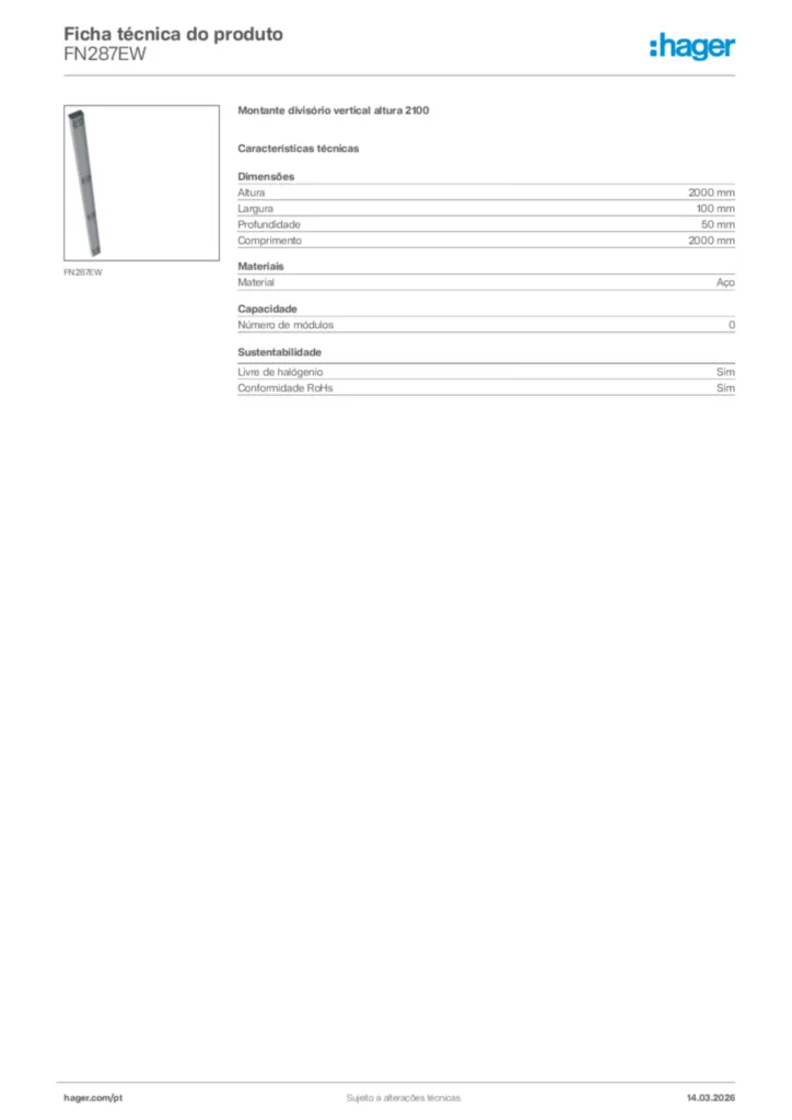 Imagem Hager Ficha técnica do produto FN287EW | Hager Portugal