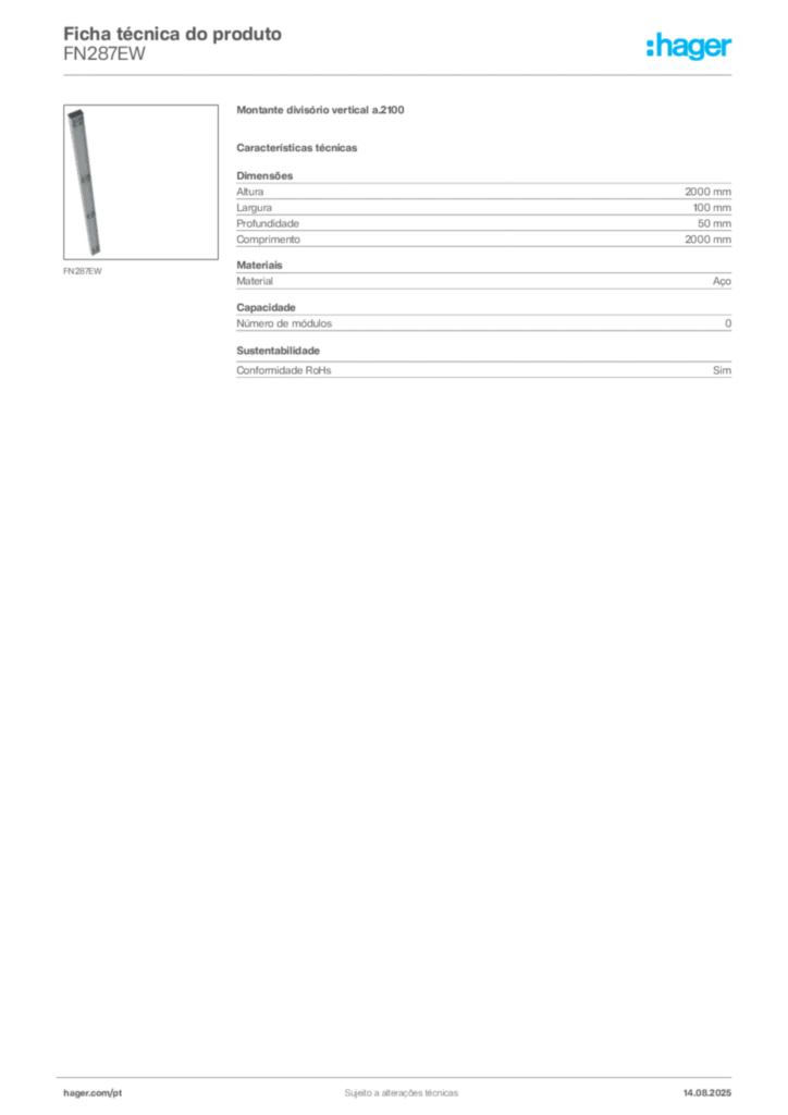 Imagem Hager Ficha técnica do produto FN287EW | Hager Portugal