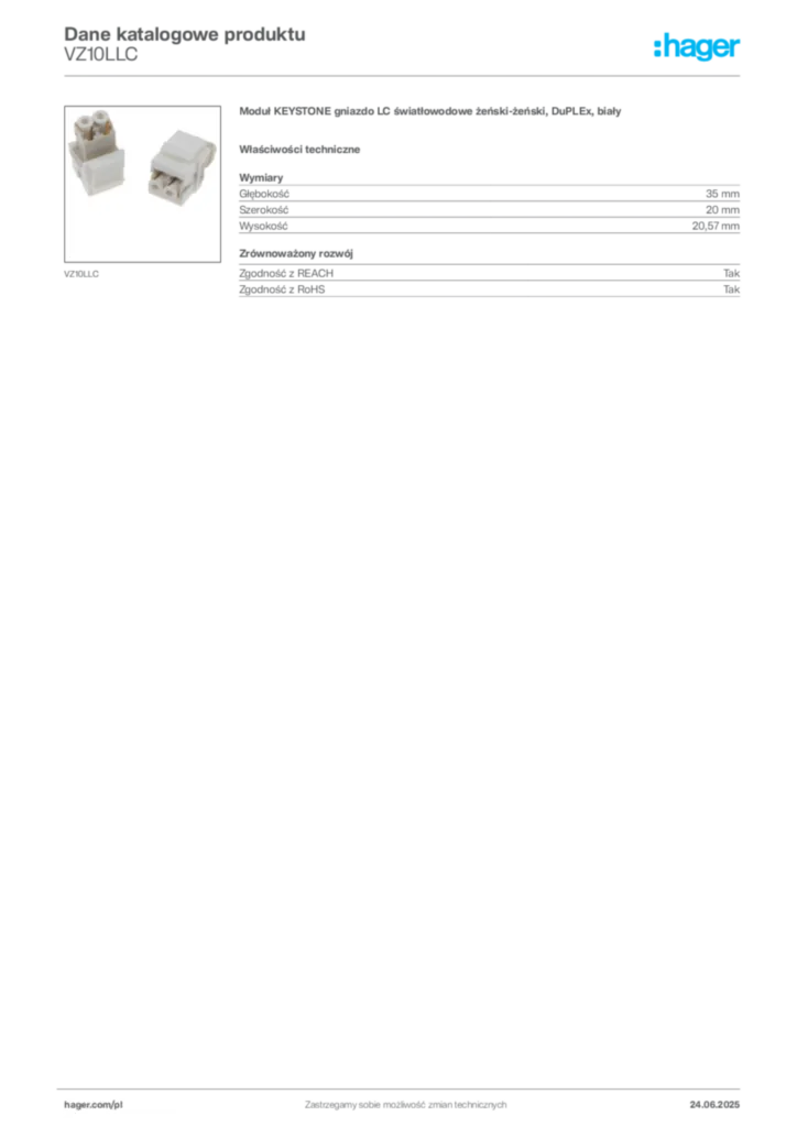 Zdjęcie Hager Dane katalogowe produktu VZ10LLC | Hager Polska
