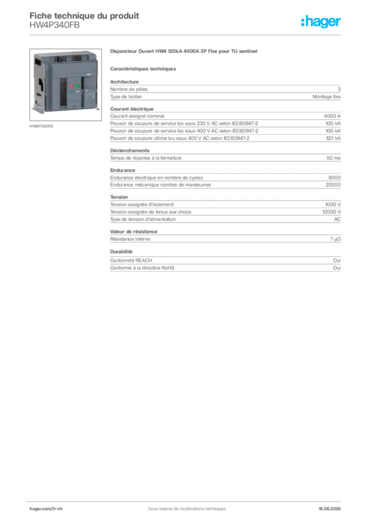 Image Hager Fiche technique du produit HW4P340FB | Hager Suisse