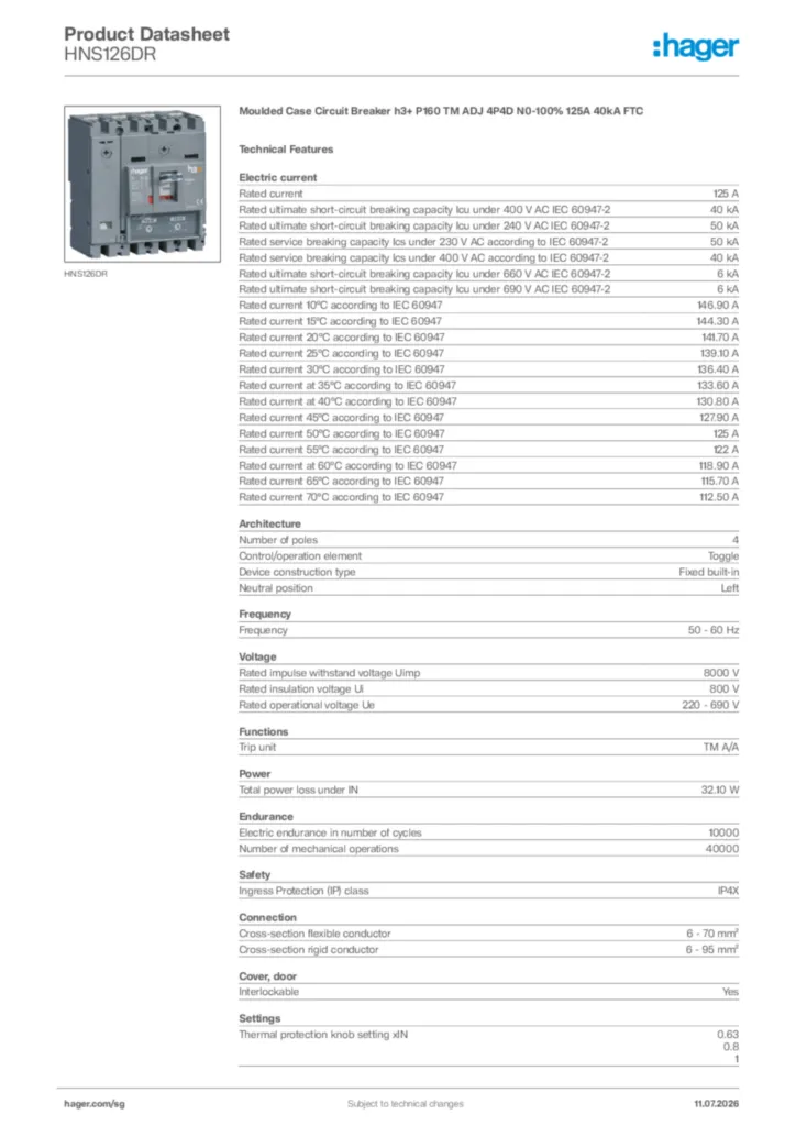 Image Hager Product data sheet HNS126DR  | Hager