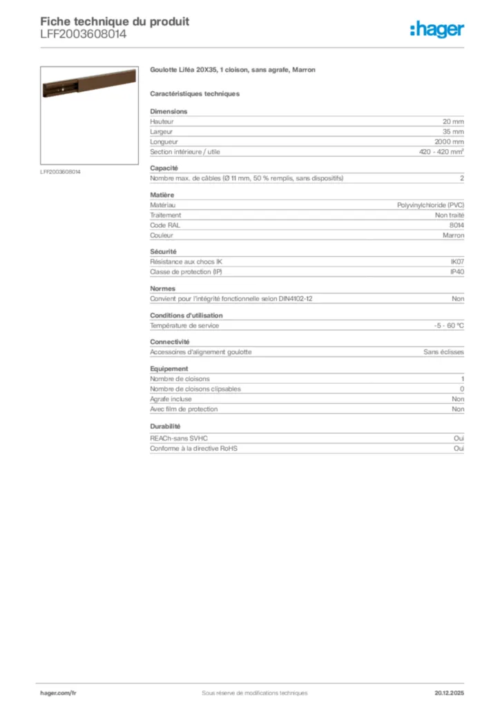 Image Hager Fiche technique du produit LFF2003608014 | Hager France