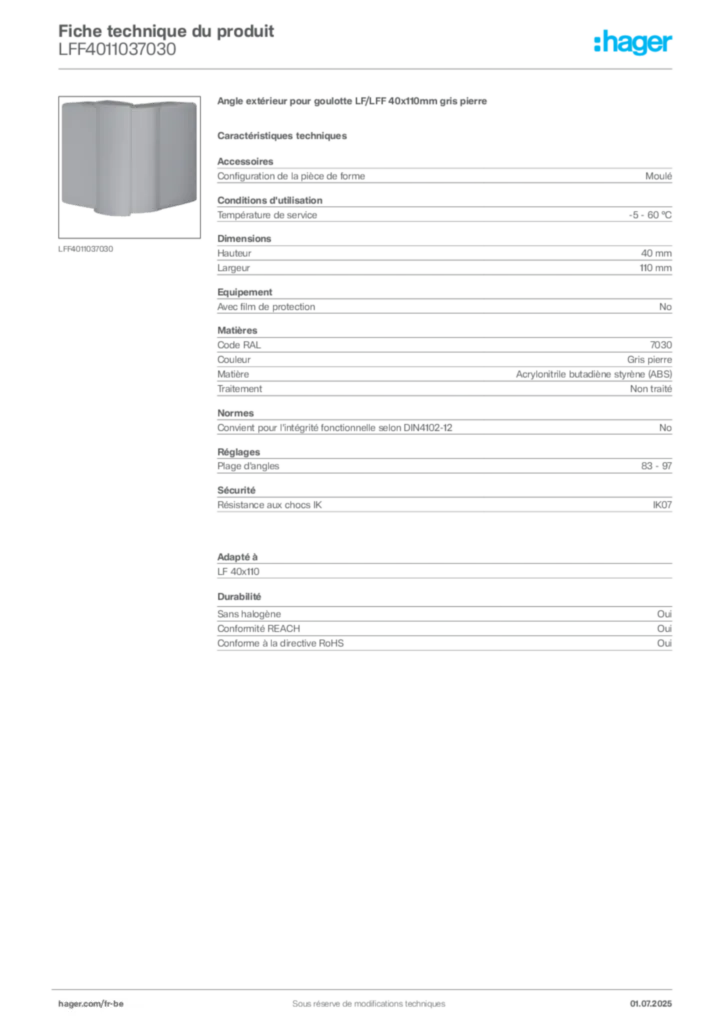 Image Hager Fiche technique du produit LFF4011037030 | Hager Belgique