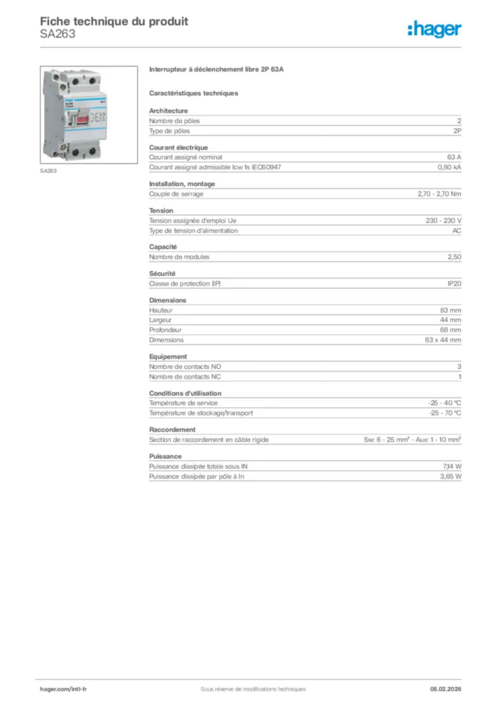 Image Hager Fiche technique du produit SA263 | Hager Afrique