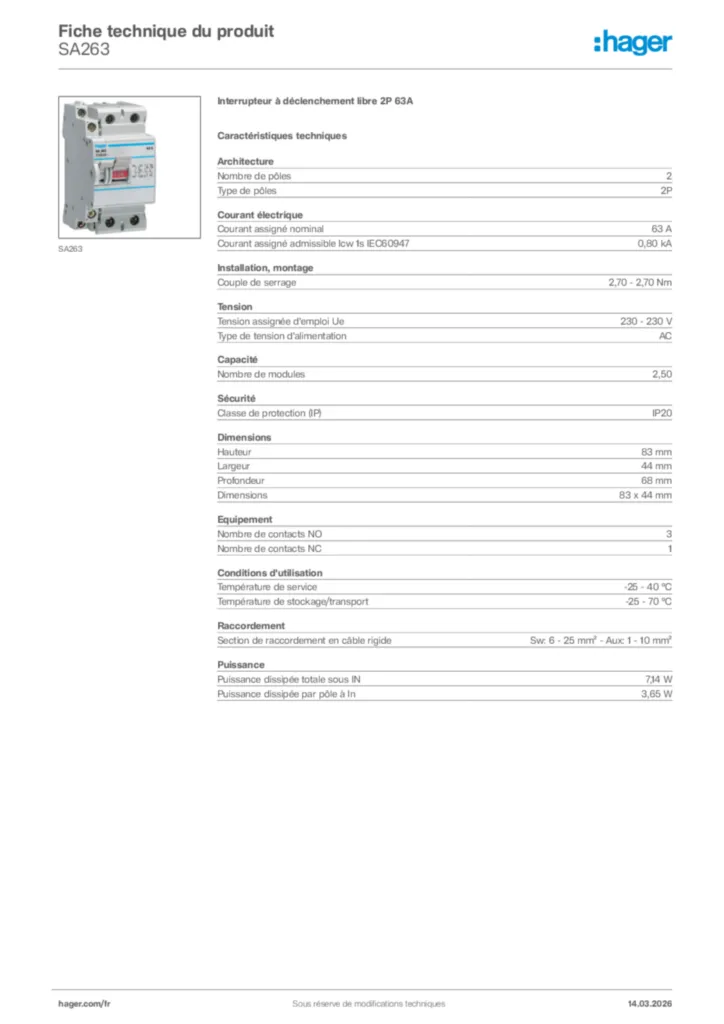 Image Hager Fiche technique du produit SA263 | Hager France