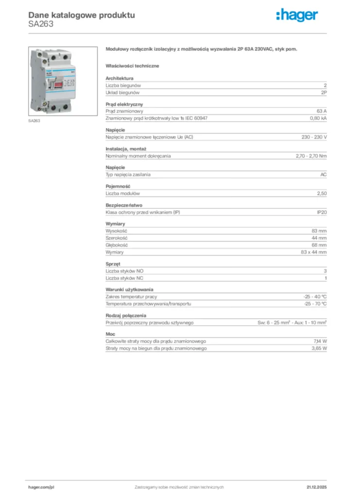Zdjęcie Hager Dane katalogowe produktu SA263 | Hager Polska