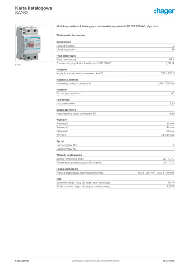 Zdjęcie Hager Karta katalogowa SA263 | Hager Polska