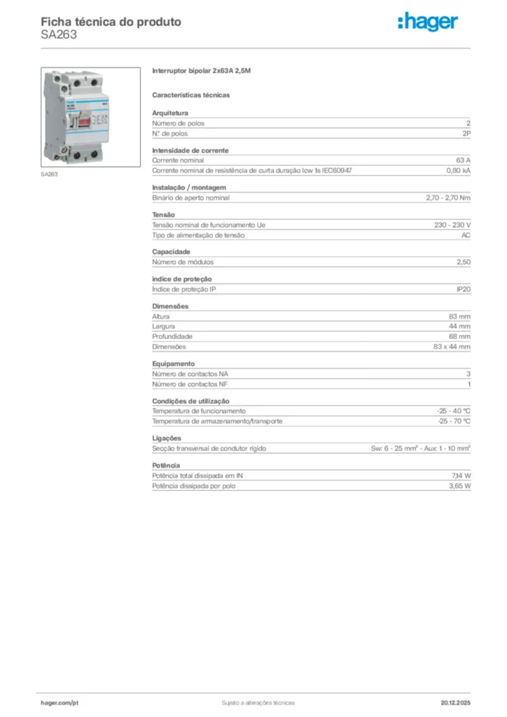 Imagem Hager Ficha técnica do produto SA263 | Hager Portugal
