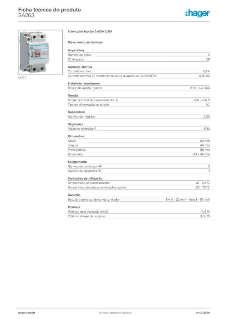 Imagem Hager Ficha técnica do produto SA263 | Hager Portugal