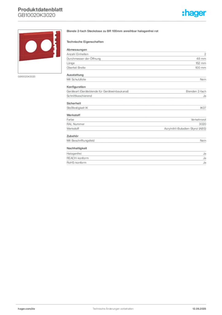 Bild Hager Produktdatenblatt GB10020K3020 | Hager Deutschland