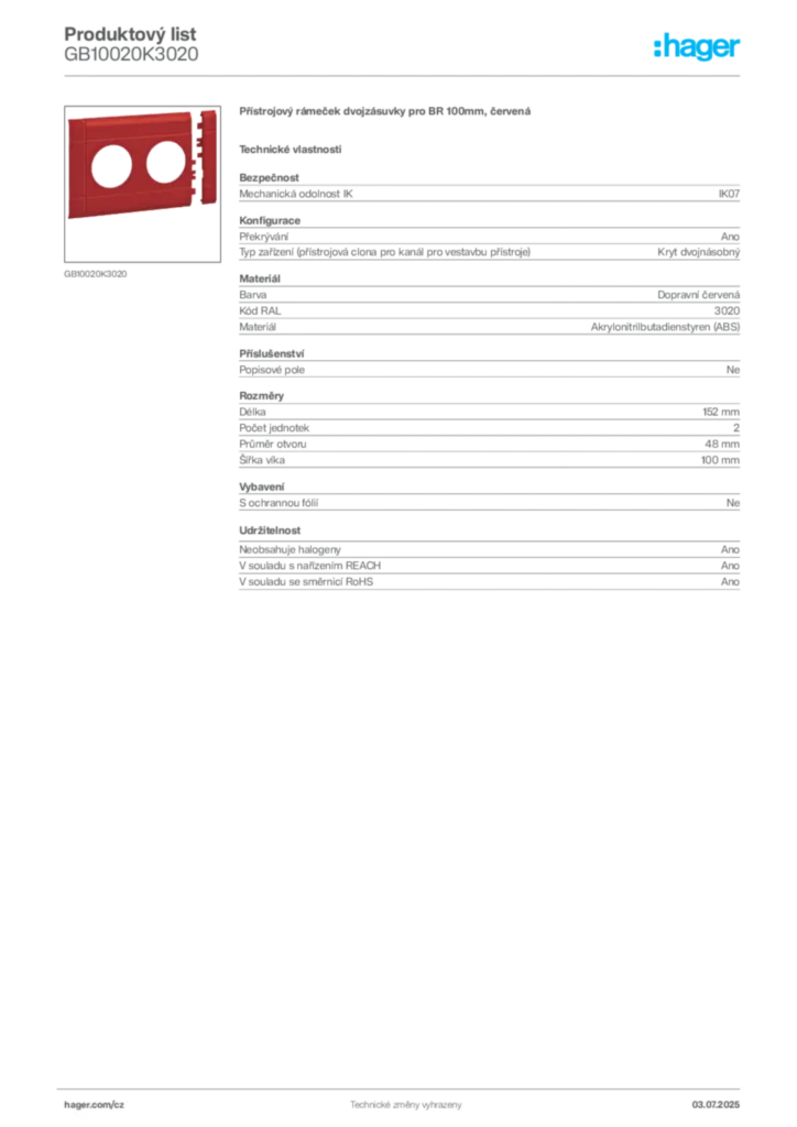 Obrázek Hager Produktový list GB10020K3020 | Hager