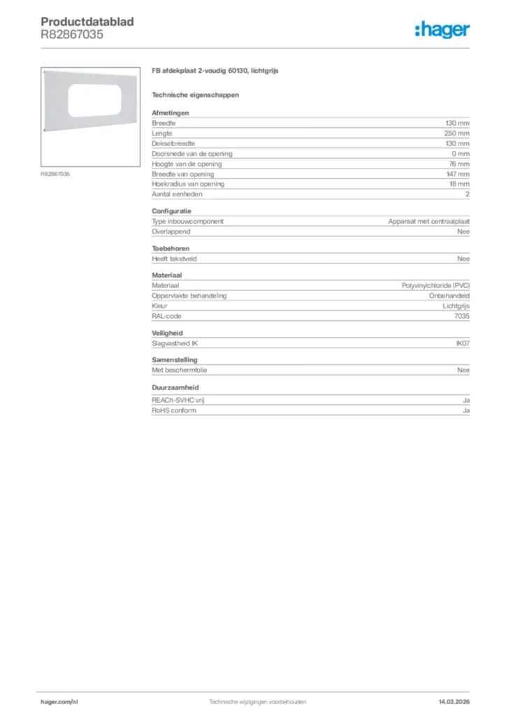 Afbeelding Hager Productdatablad R82867035 | Hager Nederland