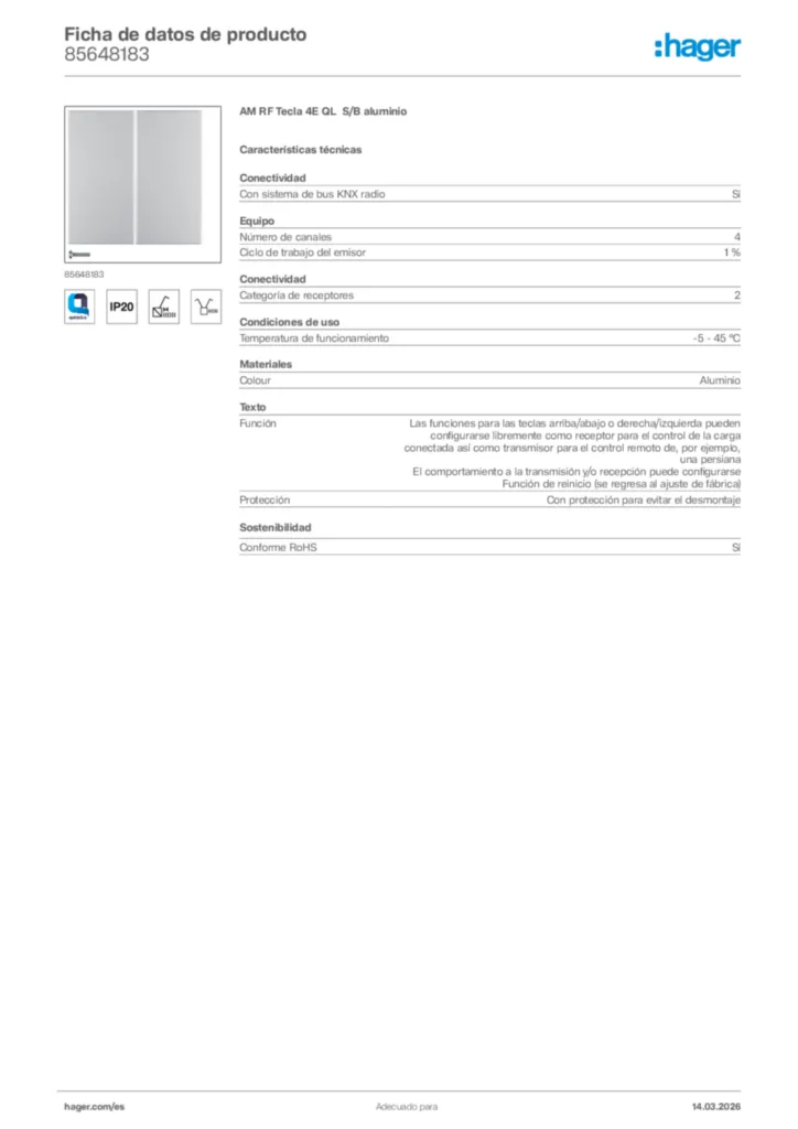 Imagen Hager Ficha de datos de producto 85648183 | Hager España