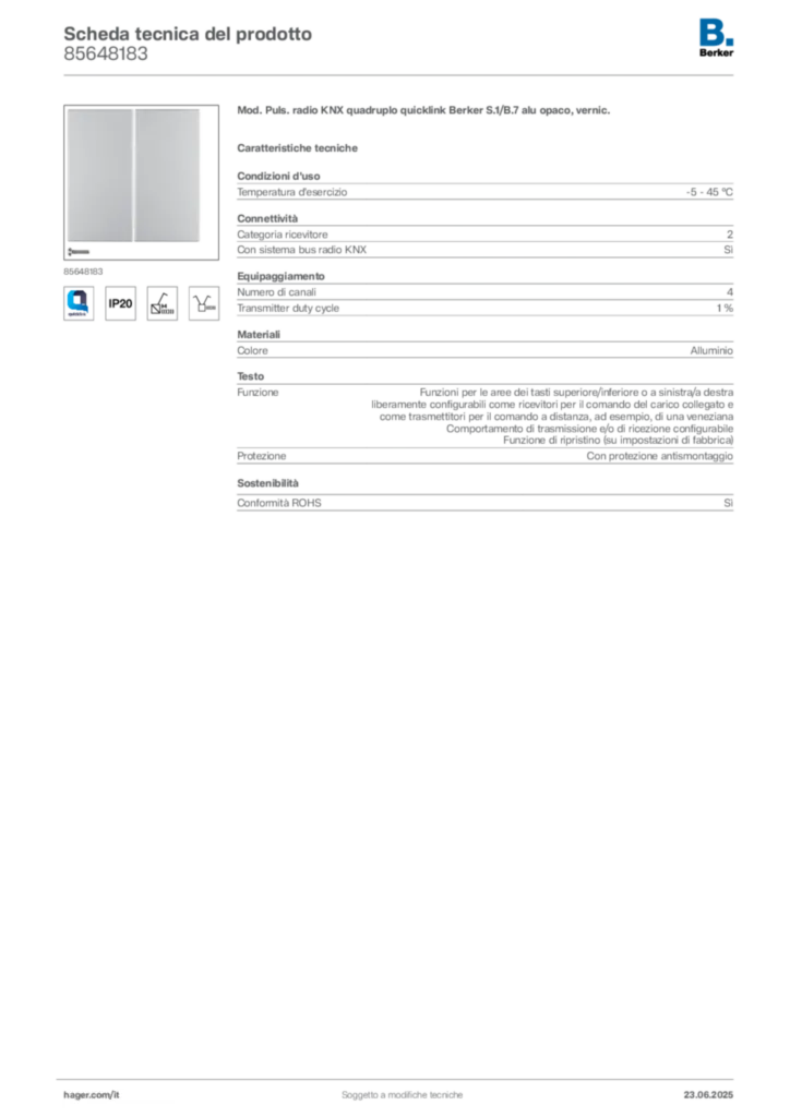 Immagine Berker Scheda tecnica del prodotto 85648183 | Hager Italia