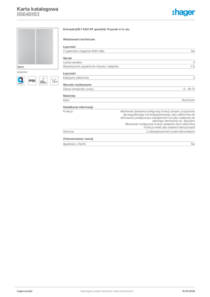 Zdjęcie Hager Karta katalogowa 85648183 | Hager Polska