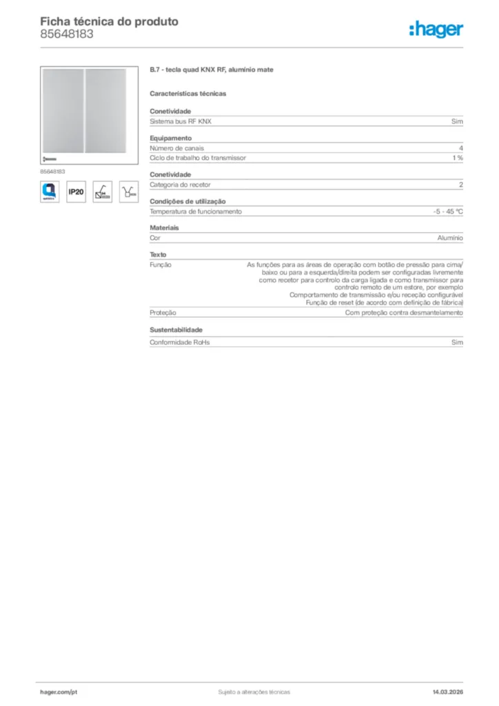 Imagem Hager Ficha técnica do produto 85648183 | Hager Portugal