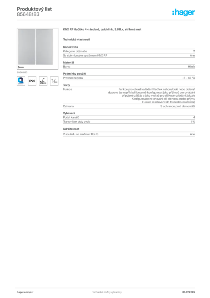 Obrázek Hager Produktový list 85648183 | Hager