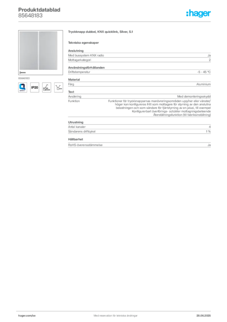 Bild Hager Produktdatablad 85648183 | Hager Sverige