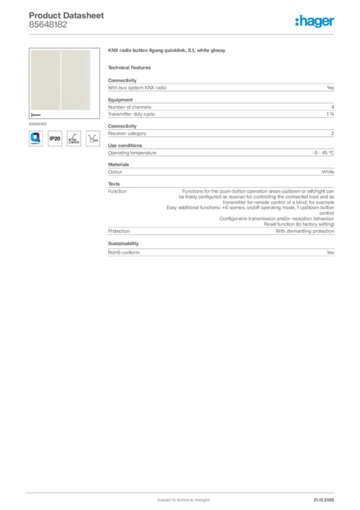 Image Hager Product data sheet 85648182  | Hager Africa