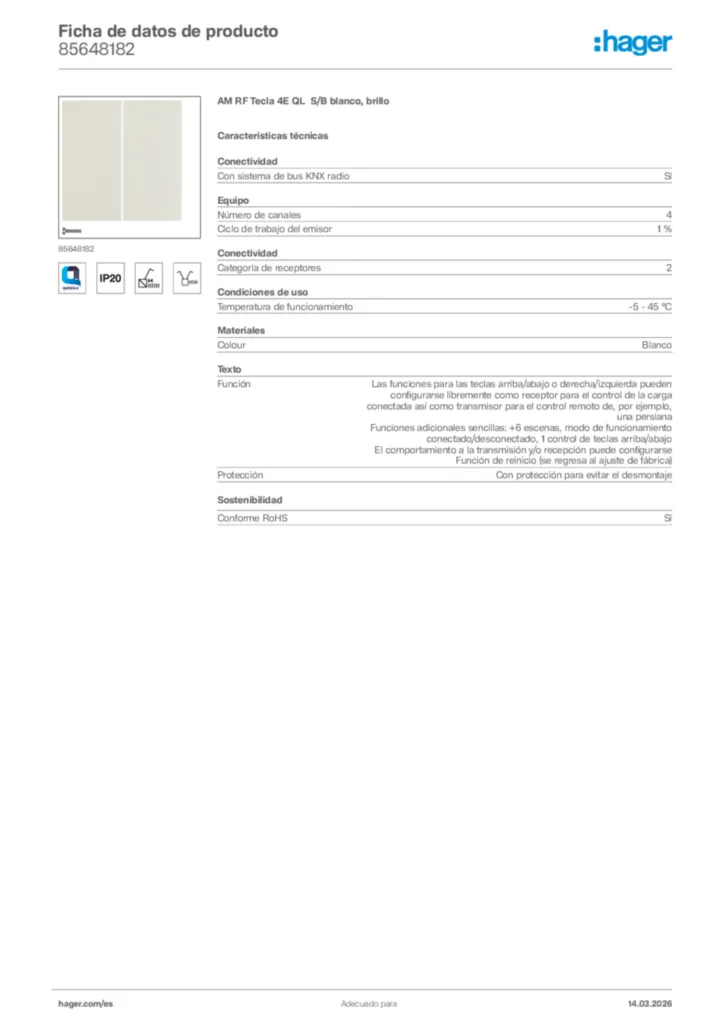 Imagen Hager Ficha de datos de producto 85648182 | Hager España