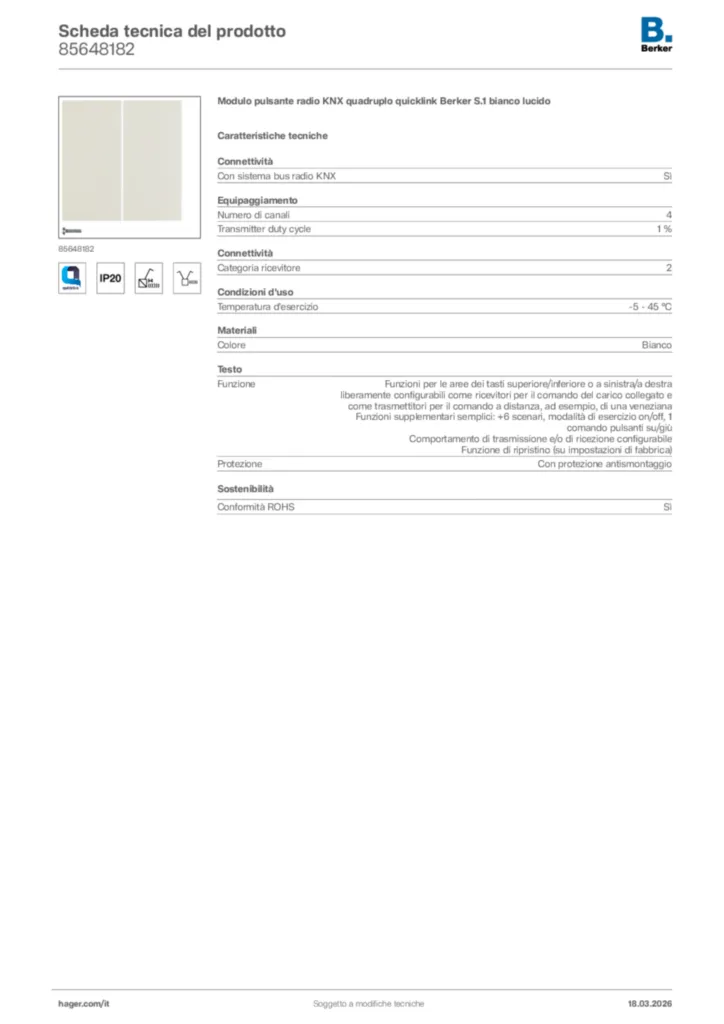 Immagine Berker Scheda tecnica del prodotto 85648182 | Hager Italia