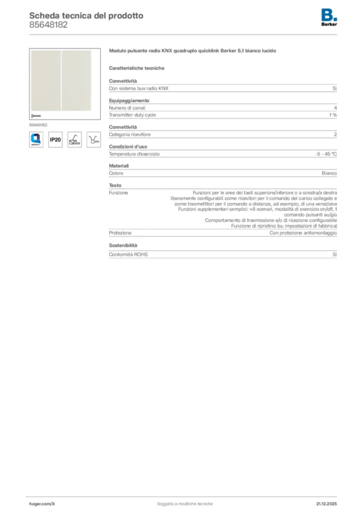 Immagine Berker Scheda tecnica del prodotto 85648182 | Hager Italia