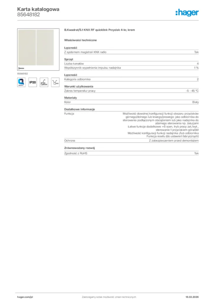 Zdjęcie Hager Karta katalogowa 85648182 | Hager Polska