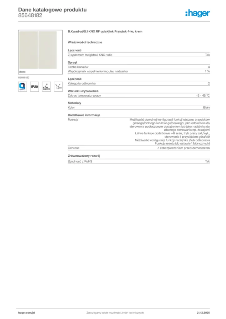 Zdjęcie Hager Dane katalogowe produktu 85648182 | Hager Polska