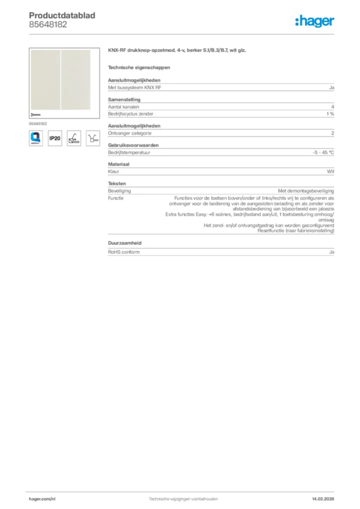 Afbeelding Hager Productdatablad 85648182 | Hager Nederland