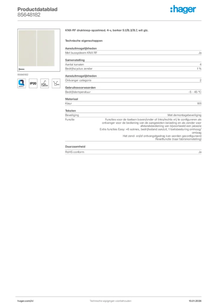 Afbeelding Hager Productdatablad 85648182 | Hager Nederland