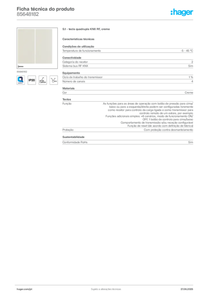 Imagem Hager Ficha técnica do produto 85648182 | Hager Portugal