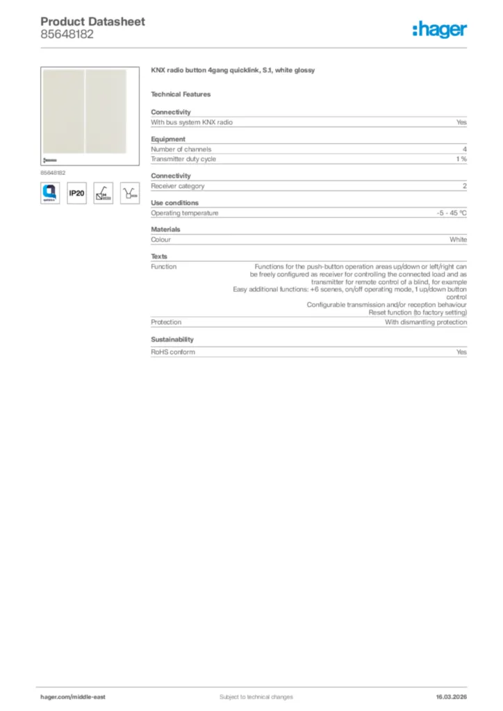 Image Hager Product data sheet 85648182  | Hager