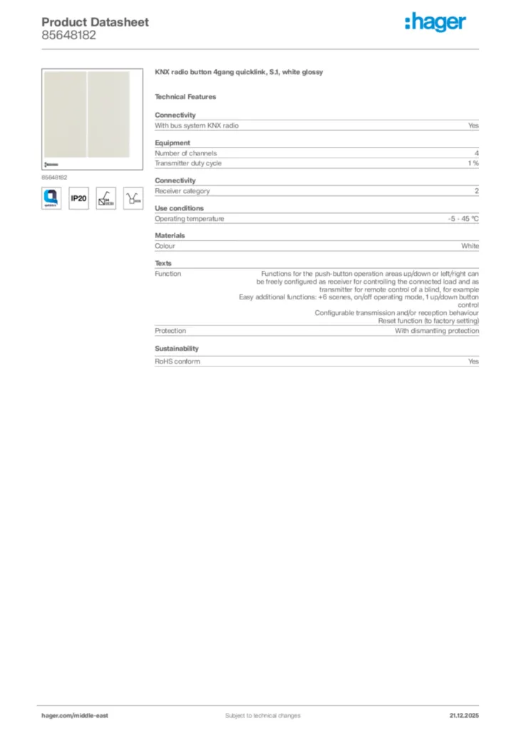 Image Hager Product data sheet 85648182  | Hager