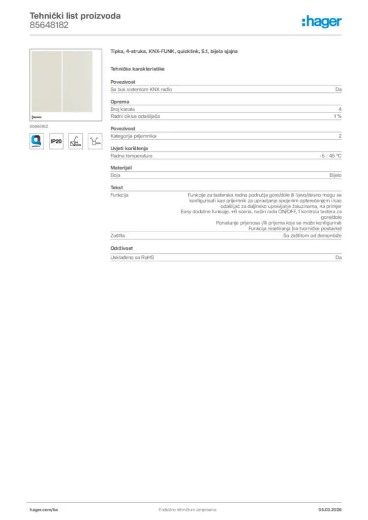 Slika Hager Tehnički list proizvoda 85648182  | Hager