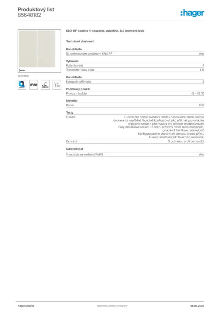 Obrázek Hager Product data sheet 85648182 | Hager