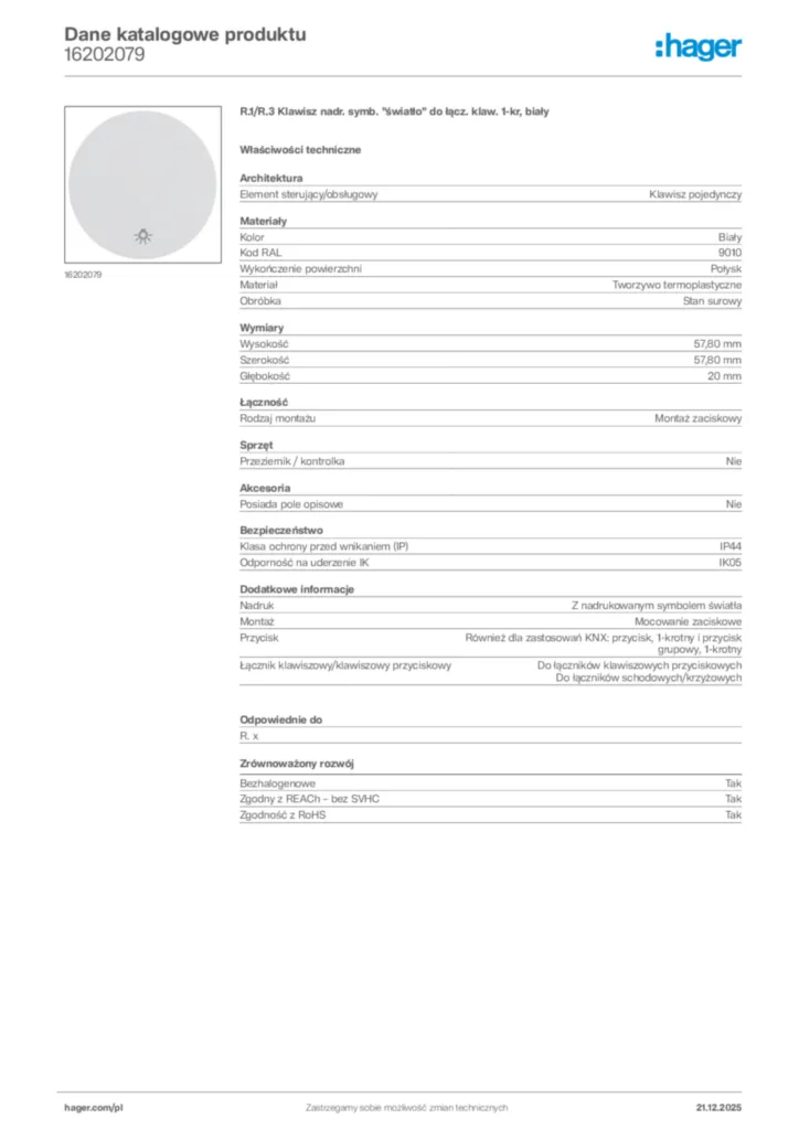 Zdjęcie Hager Dane katalogowe produktu 16202079 | Hager Polska