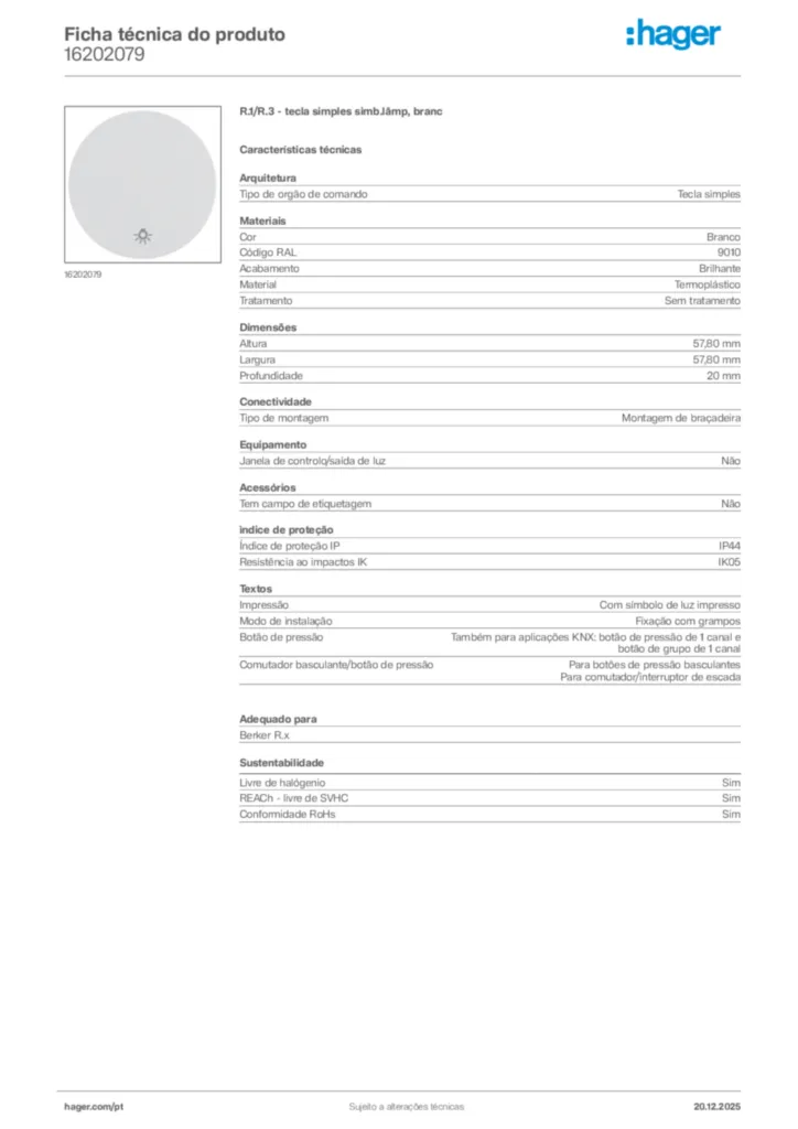 Imagem Hager Ficha técnica do produto 16202079 | Hager Portugal