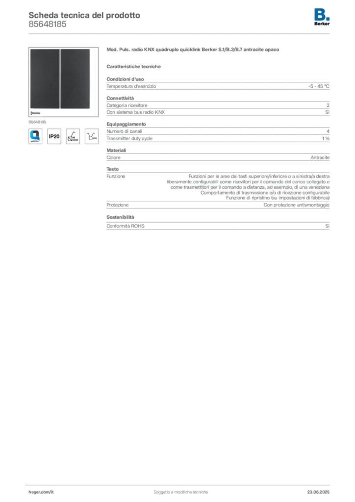 Immagine Berker Scheda tecnica del prodotto 85648185 | Hager Italia