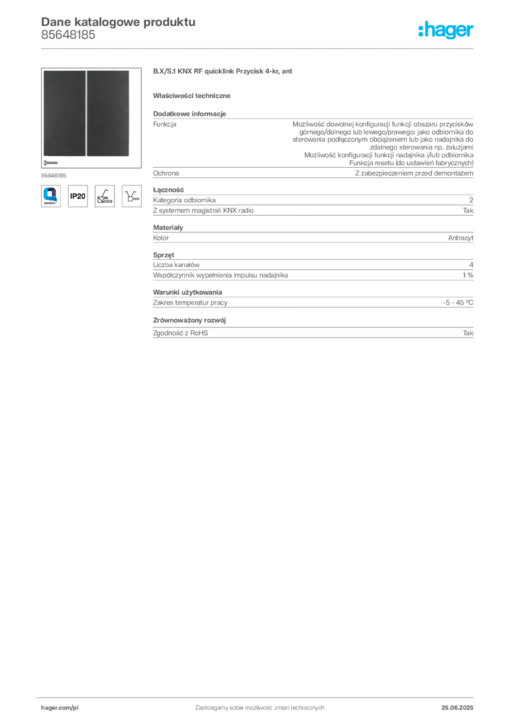 Zdjęcie Hager Dane katalogowe produktu 85648185 | Hager Polska